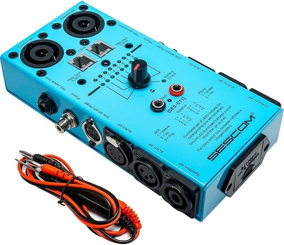 Sescom SES-CT1 Professional Audio & Ethernet Cable Tester Tests XLR (3-pin/5-pin), RCA/Phono, TRS 14 & 3.5 mm, SpeakON 4-pole/8-pole, DIN (3/5/7/8-pin), and RJ45 CAT5
