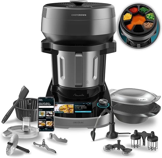 Cecotec Robot de Cocina Multifunción con Dispensador de Alimentos Mambo CooKing Unique. 2200W, 45 Funciones, Miles de Recetas Guiadas, Jarra Unique de 4,5L, Accesorios: Vaporera o Pala para Guisos