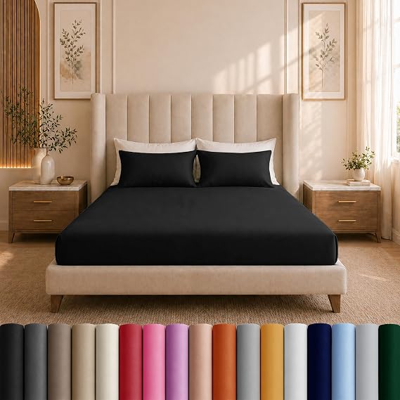 Moonlight Bedding Double Fitted Sheet - 25cm Deep Pockets Ultra Soft Brushed Microfiber Black Double Fitted Bed Sheets Breathable, Fade Resistant Easy Care Double Bed Sheet (137 x 190 Cm)