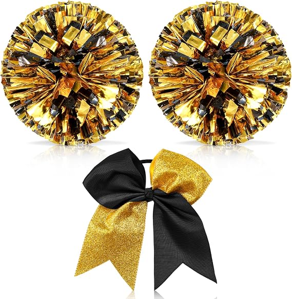 Hanaive 12 Inch Cheerleading Pom Poms and Large Cheerleader Hair Bow Large Metallic Cheer Cheerleader Pom Poms for Sports Team Spirit Cheering