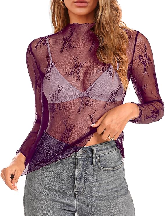 lace Long Sleeve top for Women mesh Layering top Mock Neck Floral See Through Tops