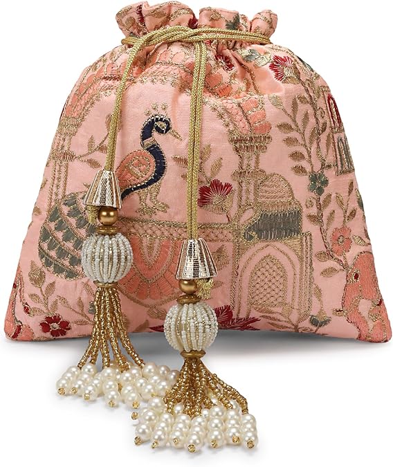 LONGING TO BUY Luxury Embroidered Potli Bag, Silk with Gold Floral Pattern, Pearl Tassel Drawstring Closure, Traditional Wedding Pouch