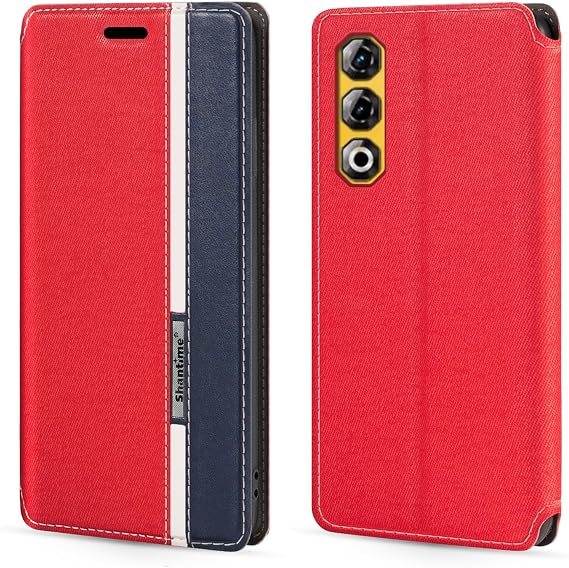 Classic Stripes Faux Leather Flip Case Compatible with ZTE Nubia Neo 3 GT 5G, Invisible Magnetic Cover with Card Slot, Contrast Color Design(Red)