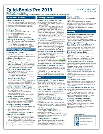 QuickBooks Pro 2019 Quick Reference Training Card - Laminated Tutorial Guide Cheat Sheet (Instructions and Tips)