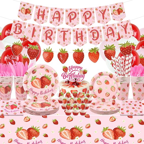 KEFAN Strawberry Birthday Party Decorations, Strawberry Party Tableware Supplies including HAPPY BIRTHDAY Banner, Plates, Cups, Napkins, Tablecloth, Balloons for Strawberry Birthday Party, Serves 20