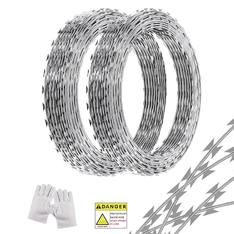 98 FT Razor Wire, 2 Rolls, Concertina Fencing with Warning Sign