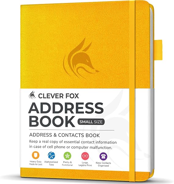 Clever Fox Address Book with Alphabetical Tabs, Phone, Small Amber Yellow