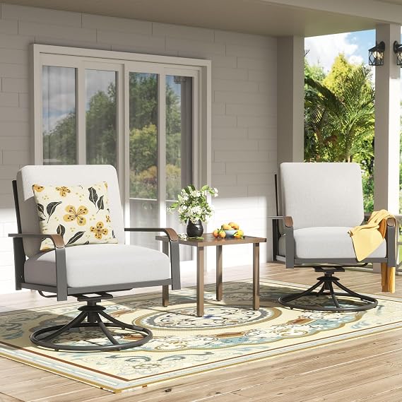 NATURAL EXPRESSIONS Patio Swivel Chairs Set of 2,Outdoor Rocker Chairs Set with 6" Thick Cushions Patio Bistro Set with Wood Grain Metal Table for Backyard Porch Balcony Deck 350lbs Light Grey
