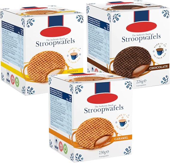 Dutch Stroopwafel Variety Bundle – Caramel, Honey & Chocolate, 3 Packs