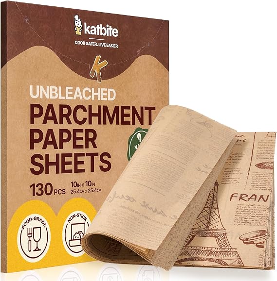 Katbite 130Pcs 10 Inch Sandwich Wrapping Paper, Heavy duty Deli Paper, Greaseproof & Non-stick Parchment Paper, Pre-cut Unbleached Parchment Paper is Perfect for Wrap Bread, Burger and Sandwich