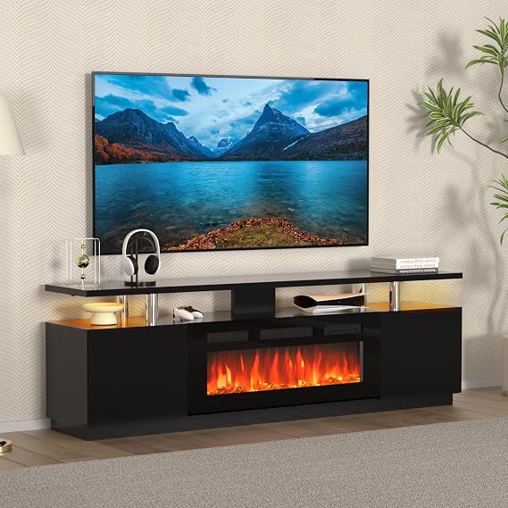 70" Fireplace TV Stand with 36" Electric Fireplace, 12 Colors LED Lights, 750W/1500W for Max 80" TV, 2 Tier Storage 2 Door Cabinet Tv Stand with Fireplace