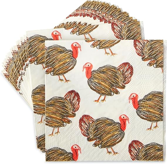 100 Pack Turkey Thanksgiving Cocktail Napkins for Party Supplies (5 x 5 In)
