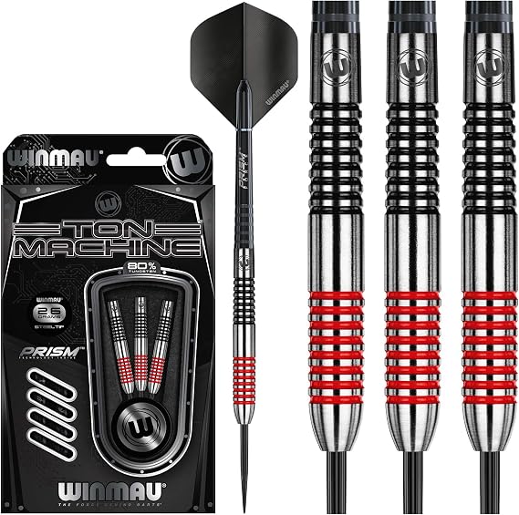WINMAU Darts Ton Machine Professional Tungsten Darts Set with Prism Flights and Shafts (Stems) 22g | 23g | 24g | 26g | 27g Gram Steeltip Dart Set