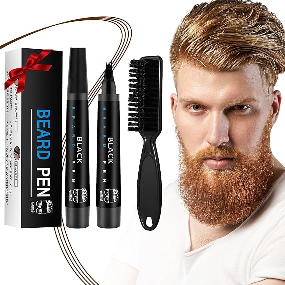 Beard Pencil Filler for Men Black Beard Pen & Mustache Brush Kit Dark Brown