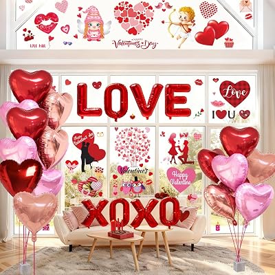 WOHOHOHO 181Pcs Valentines Day Window Clings Decorations, 10 Sheets Valentines Day Window Stickers, LOVE & XOXO Banner, 12Pcs Heart-Shaped Balloons. Happy Valentines Romantic Gifts for Home Office