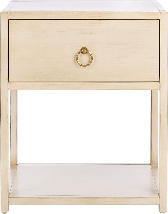 SAFAVIEH Furniture - Sadie 1-Drawer Nightstand - Antique & White - Wood - Glam Gold Hardware Design - Ideal for Bedroom, 21"W x 17.2"D x 26"H - Fully Assembled (NST9201B)