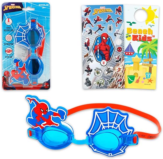 Marvel Spiderman Swim Goggles for Kids - Bundle Themed Goggles for Swimming, Pool, Beach, More Plus Stickers | Spiderman Pool Accessories for Boys