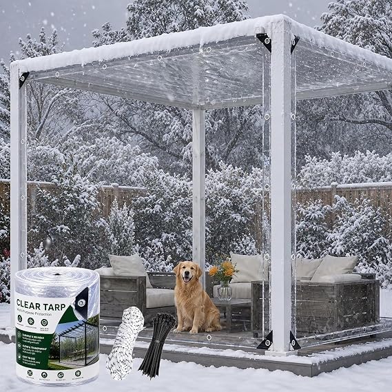 Şeffaf halkalı branda, PVC su geçirmez, yırtılmaya dayanıklı koruyucu kapak, dış mekan teras, çardak, sera, bahçe mobilyaları, 450 g/m² (boyut: 1,8 x 4,2 m)