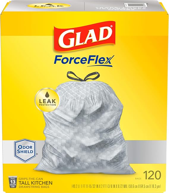 Glad Trash Bags, ForceFlex Tall Kitchen Drawstring Garbage Bags - 13 Gallon White Trash Bag for Kitchen Trash Can, Odor Shield, Odor Eliminator, Leak Protection, 120 Count