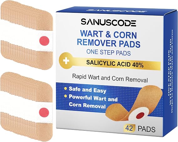 42 Pcs Wart and Corn Remover Pads,40% Salicylic Acid for Fast Wart Removal for Plantar Warts,Hands,Toes and Body,Invisible Corn Remover Patches Safe for Adults