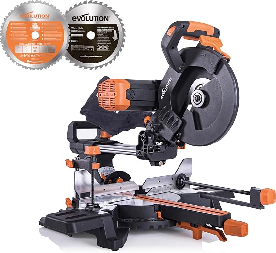 Evolution Power Tools R255SMS-DB+ Double Bevel Sliding Mitre Saw, Multi-Material Cuts Metal, Wood, Plastic & More - with Plus Pack includes Clamps, Dust Bag & Blades, 255mm (230V)