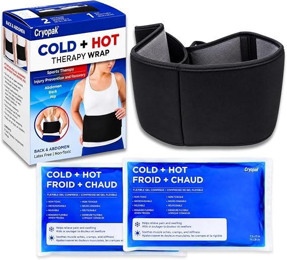 Cryopak Cold and Hot Therapy Wrap, Black, Latex-Free, Non-Toxic, for Back, Abdomen, Hip, Sports Injury Prevention, Recovery (Back/Abdomen). kit Includes Flexible Gel Compress, Sleeve and Strap.