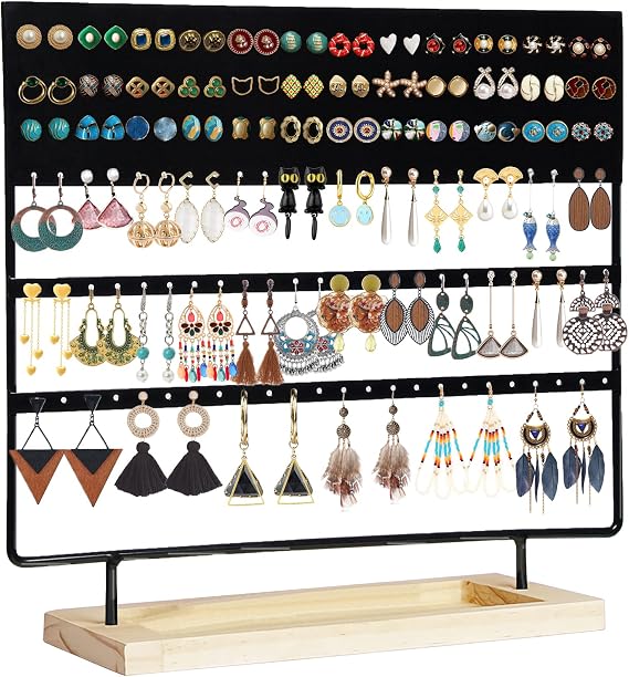 Earring Holder Organizer Stand - Earrings Display Rack 145 Holes Jewelry Holder Tower with Wooden Tray for Earrings Rings Black