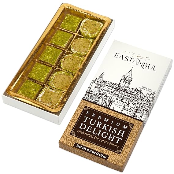 Eastanbul Dubai Style Turkish Delight with Dubai Filling, Lokum, 8.8oz | Pistachio and Knafeh Filled Marshmallow, Candy Gift Box, International Candy (Chocolate Free)