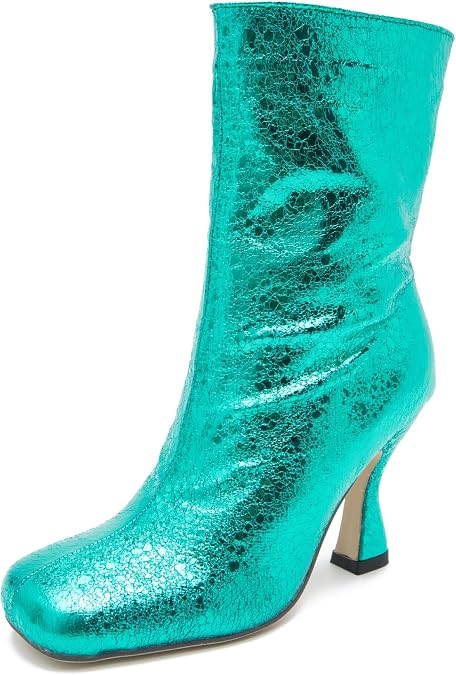 Onlymaker Women's Knee High Glitter Sequin Boots With Side Zipper Chunky High Heel Square Toe Patent Leather Pull on Mid Calf Wedding Dress Booties