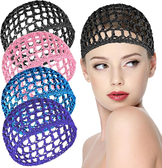 Aster 4 Pcs Mesh Crochet Hair Net, Rayon Knit Snood Hat, Hair Wrap for Sleep, Nylon Hairnet Snoods Cover Ornament for Women Sleeping(Black, Pink, Blue, Purple)