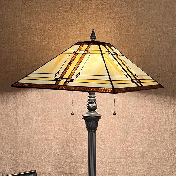 Tiffany Lamp Cream Mission Stained Glass Floor Lamp 2-Light