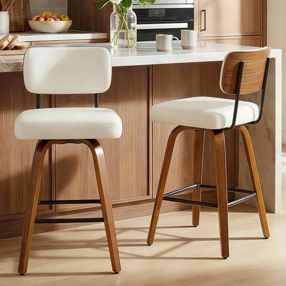Swivel Bar Stools Set of 2, 26" Upholstered Counter Height Bar Stools with Back and Bent Walnut Wood Legs, Faux Leather Modern Barstools for Kitchen Island,Beige