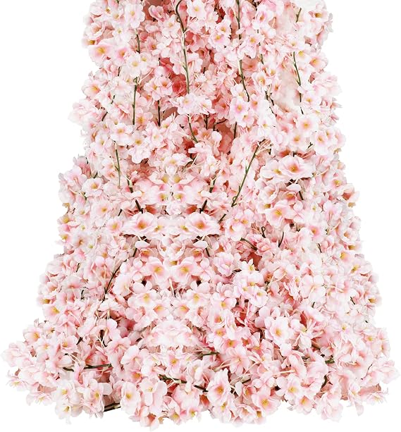 Sunm Boutique 4-Pack 23.6 Ft Cherry Blossom Garland Cherry Blossom Hanging Vine Silk Sakura Vines Garland for Wedding Party Decor, Pink
