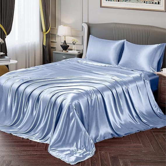 Vonty Satin Cal King Baby Blue Sheets, Fitted + Flat + 2 Pillowcases