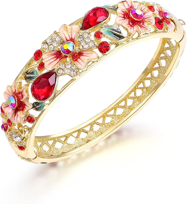 EleQueen Women's Gold-Tone Austrian Crystal Enamel Flower Leaf Bangle Bracelets