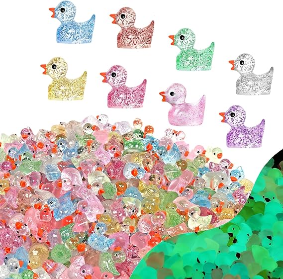 100pcs Mini Ducks, 8 Colors Glitter Small Resin Tiny Ducks Little Miniature Plastic Ducks Figurines Duck Bulk for Micro Fairy Garden Landscape DIY Miniature Dollhouse Accessories Hide Crafts Decor