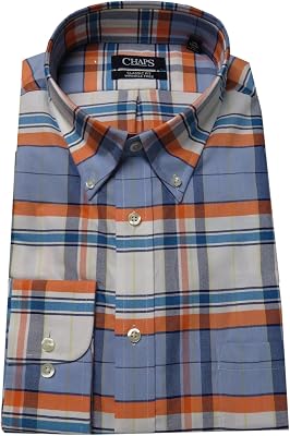 Chaps Mens Performance Classic Fit Plaid Oxford Dress Shirt, Orange