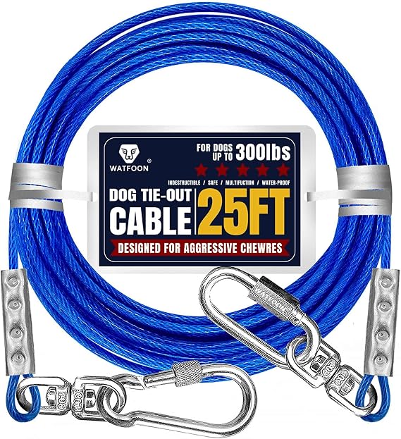 25 Feet Reflective Dog Tie Out Cable, Dog Lead for Yard, 1000Lbs Strength for Pet Up to 300 lbs for Outside, Yard, Camping(Reflective Blue)