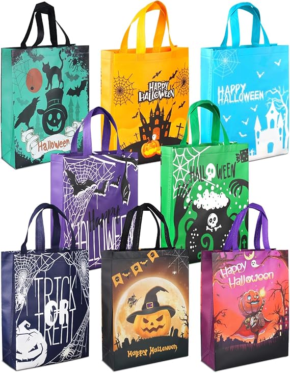 PARSUP 8PCS Trick or Treat Bags, Tote Bags with Handles, Gift Bags, Non-Woven Bags for Gifts Wrapping, Party Supplies, 15'11.8'3.9'