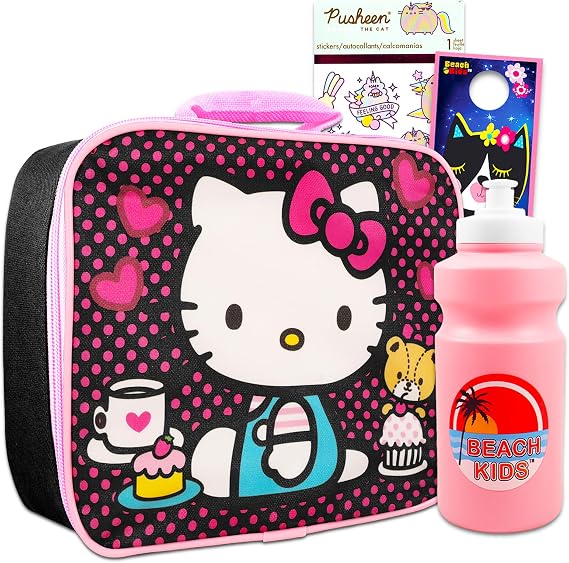 Hello Kitty Lunchbox for Girls Bundle w/Insulated Lunch Bag, More | Soft Sanrio Lunch Box Plus Water Bottle, Stickers, More - Hello Kitty School Supplies