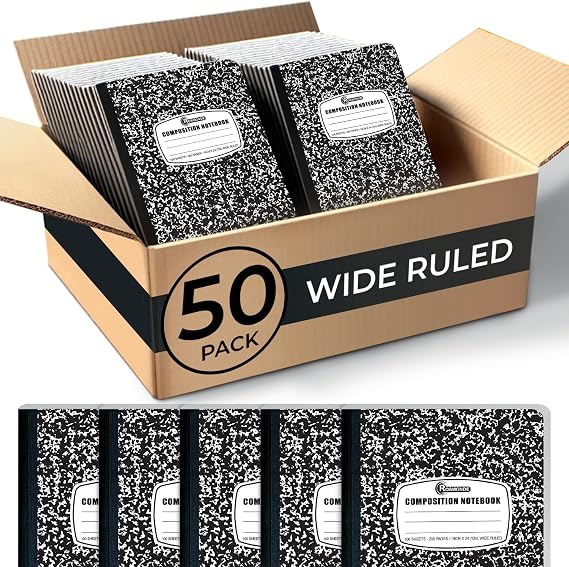 Rosmonde 50 Pack Composition Notebooks Bulk Wide Ruled, Black Marble