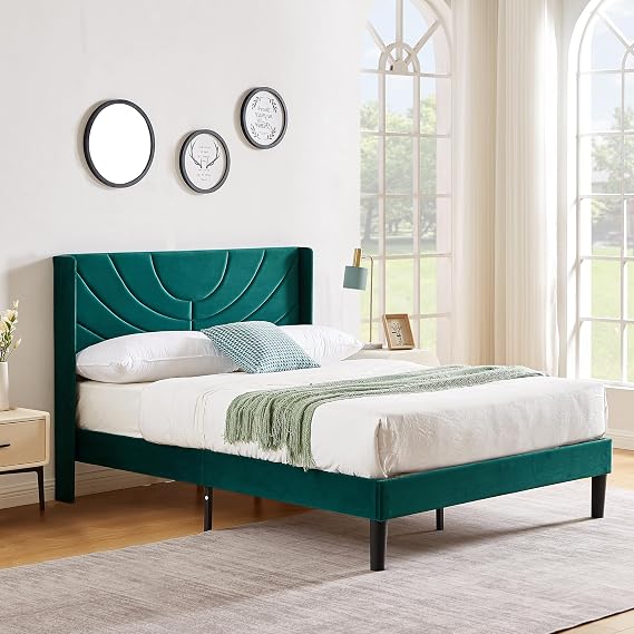 VECELO Full Size Upholstered Platform Bed Frame with Fabric Headboard,Wooden Slats Support/No Box Spring Needed/Mattress Foundation/Easy Assembly,Dark Green