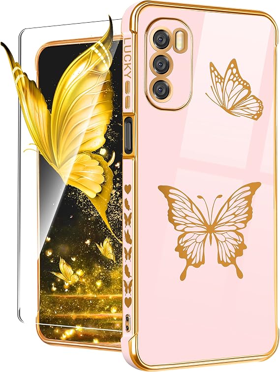 for Moto G Stylus 5G 2022 Case (NOT FIT 4G) Butterfly for Women Girls Girly Pretty Phone Cases Cute Gold Plating Butterflies Design with Screen Cover for Motorola G Stylus 5G 2022 6.8"