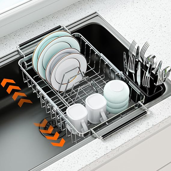 Expandable Dish Drying Rack in Sink,Stainless Steel Over The Sink Dish Drainer Drying Rack for Kitchen Counter,with Utensil Holder,Silver