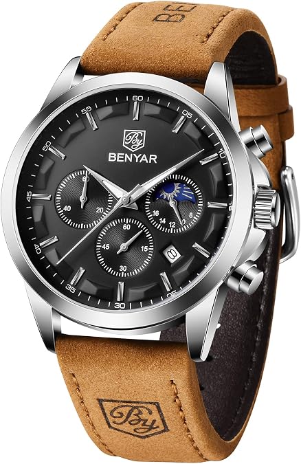 BENYAR Mens Watch Analog Quartz Movement Chronograph Stylish Casual Wristwatch with Stainless Steel Bracelets Waterproof Luminous Date Watches Elegant Gift for Men