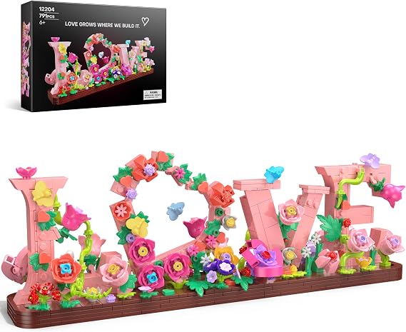 LOVE Building Blocks Set with Flowers, 791 PCS Floral Letter Brick Art Home Decor, DIY Romantic Display for Adults, Gifts for Kids Birthday, Engagement, Mother's Day, Valentine’s Day, Her or Him