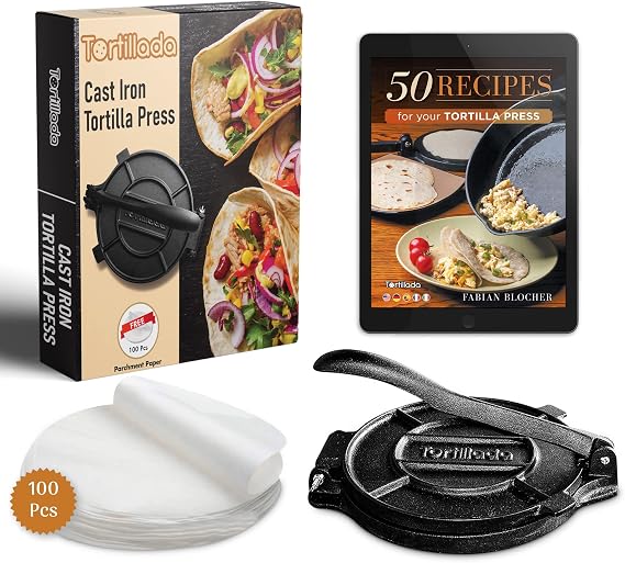 Tortillada - Tortilla Press (8 in) incl. E-Book & Parchment Paper