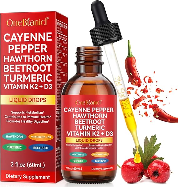 Cayenne Pepper Supplement -60ml Cayenne Pepper with Hawthorn, Beetroot, Turmeric & Vitamins K2 + D3 Liquid Drops | Dietary Supplement | 2 fl.oz