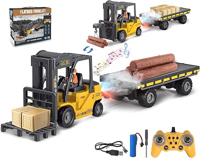 RC Forklift Toy with Trailer, Kids Construction Toys Set Remote Control Forklift Crane 2 Mode Flatbed Truck with Spray, Sound & Lights Construction Vehicles for Boys Age 6 7 8-12