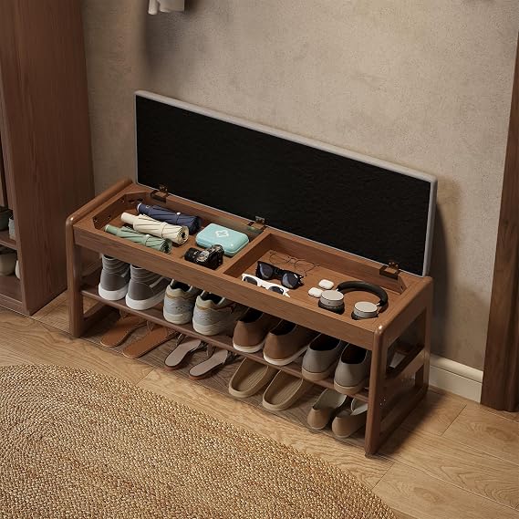 AQIMUELE Small Shoe Bench with Cushion, Shoe Bench Storage with Seat, Wooden Shoe Rack 2-Tier, Hidden Flip-Top Seat, for Hallway, Entryway, Living Room, Bedroom, 30 x 100 x 40 cm (Walnut)